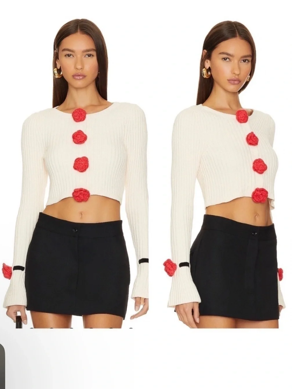 For Love & Lemons Roxana Cardigan Ribbed Knit Rosette Appliqus White Womens Med